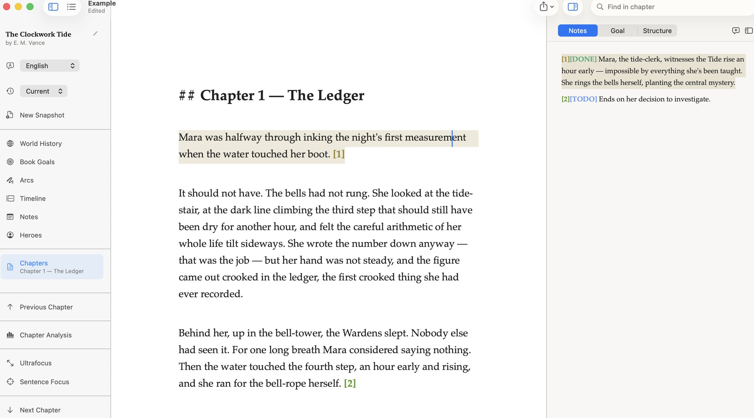Intelliwri chapter editor with inline numbered notes and a per-chapter goal panel