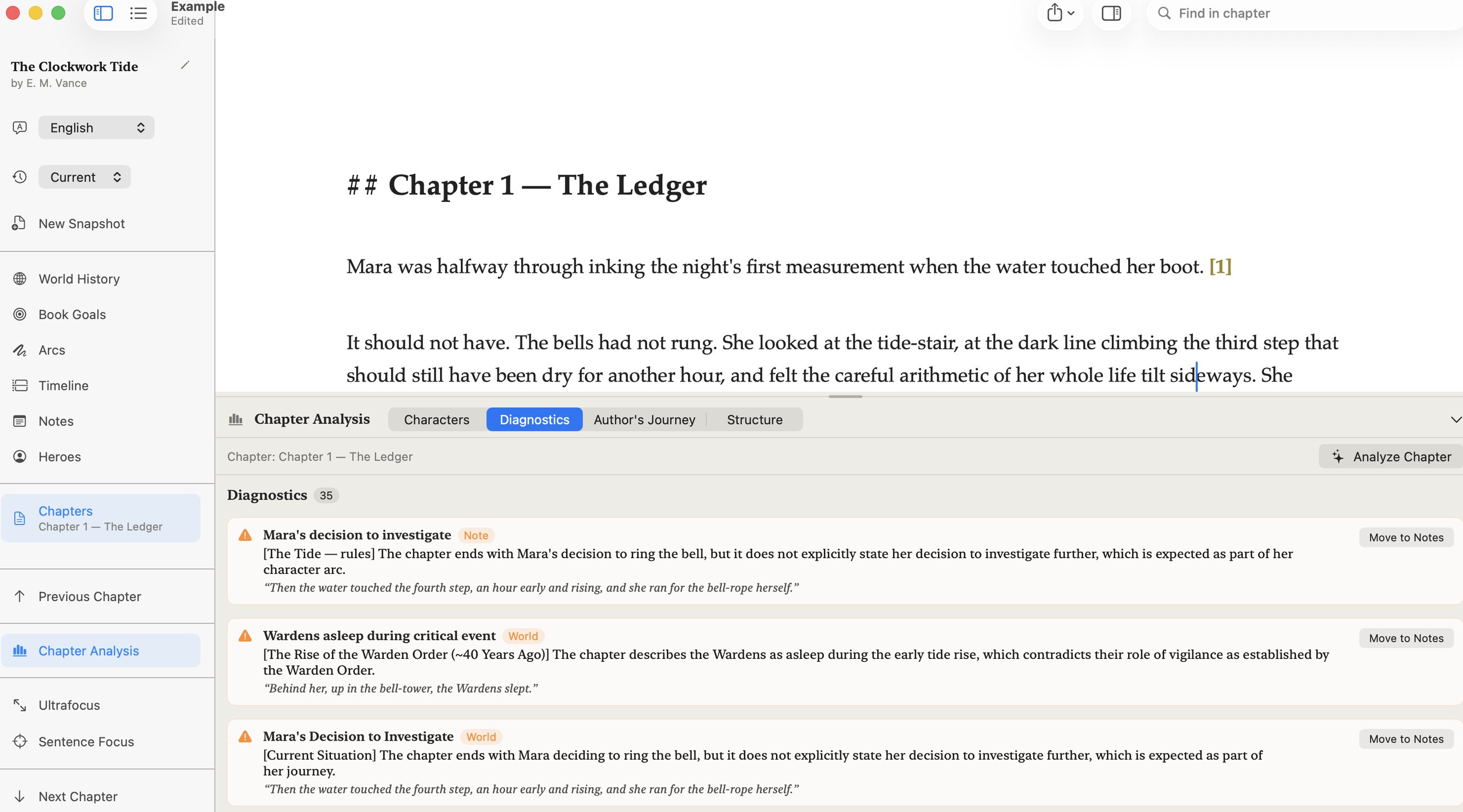 Author's Journey craft review with findings you can send to notes